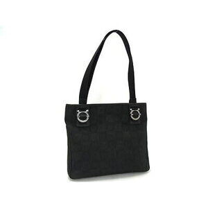 Salvatore Ferragamo Gancini Shoulder Tote Bag Black Canvas Leather